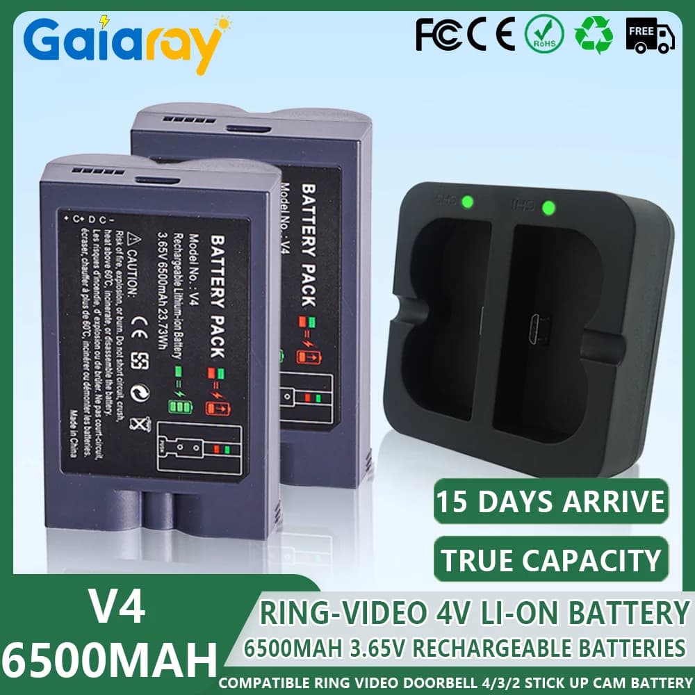 Batteria agli ioni di litio da 6500 mAH/stazione caricabatterie rapido per Ring-Video V4 compatibile Ring Video Doorbell 4/3/2 Stick Up Cam Batteria 3,65 V