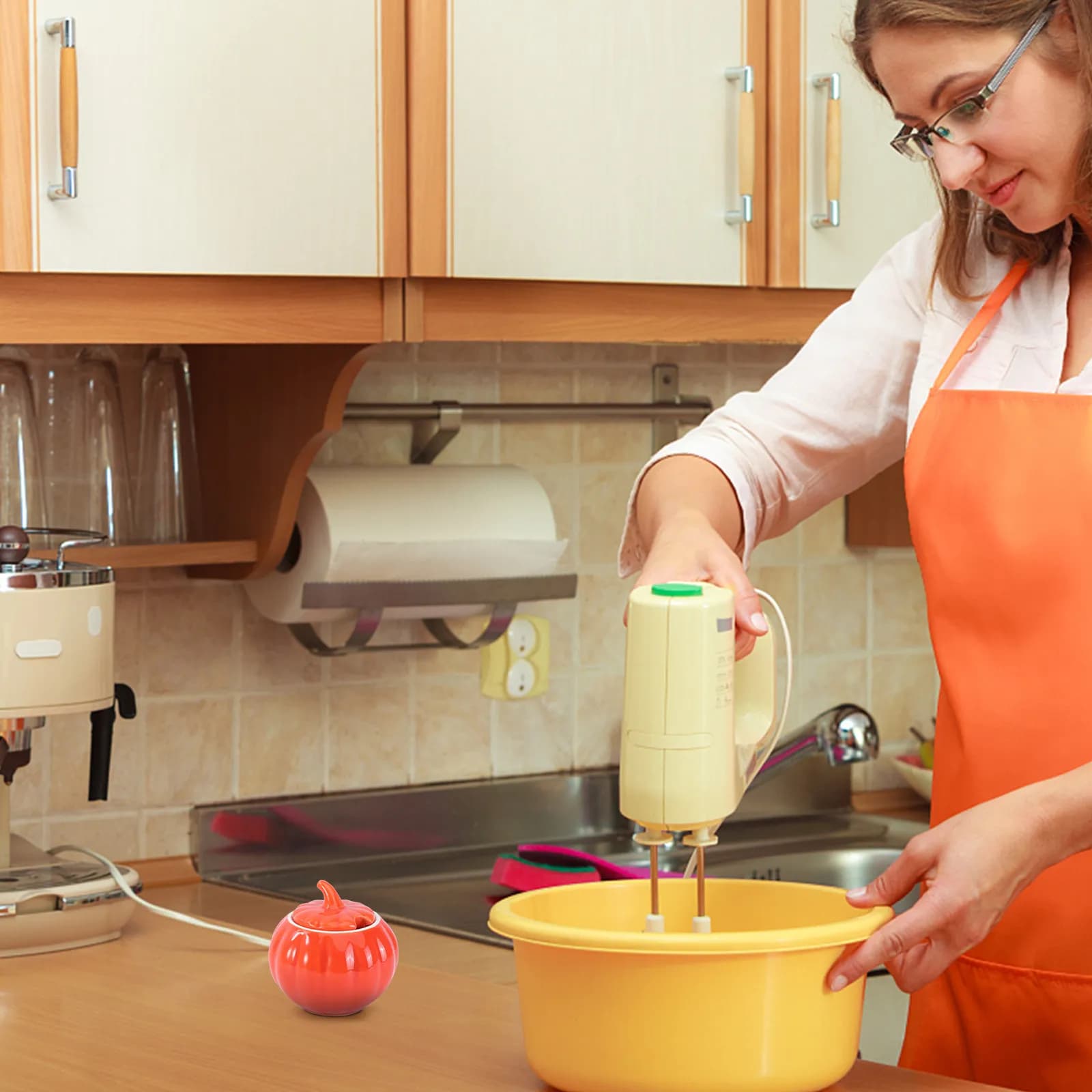 Set di 1 Barattolo per Spezie in Ceramica a Forma di Zucca, Contenitore per Sale e Olio di Peperoncino, Piccolo Formato, Decorazione per Cucina con Cucchiaio