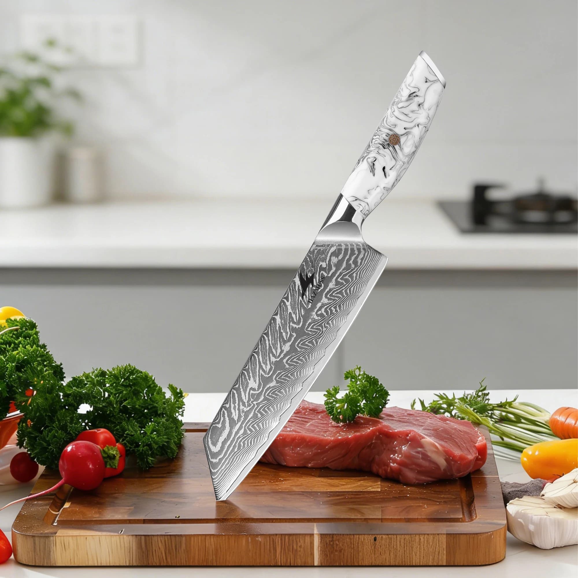 Coltello Kiritsuke da 8 Pollici in Acciaio Damasco VG10, Manico Ergonomico in Resina, Coltello da Cucina per Affettare e Tagliare a Cubetti con Confezione Regalo
