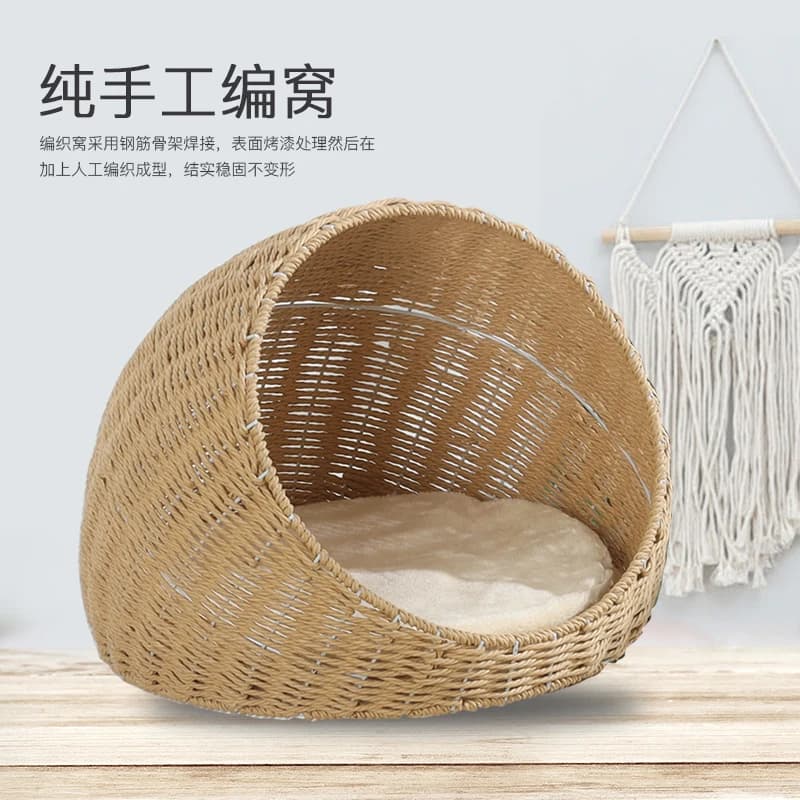 Accessori per telaio da arrampicata per gatti Cestino per gatti intrecciato a mano Cestino per casco grande con lettiera per gatti universale per quattro stagioni in rattan
