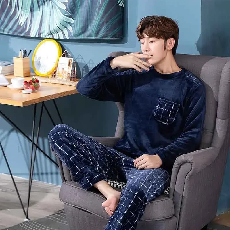 2 pz/set addensato caldo autunno e inverno flanella pigiama da uomo a maniche lunghe adolescenti indumenti da notte homewear indumenti da letto casual