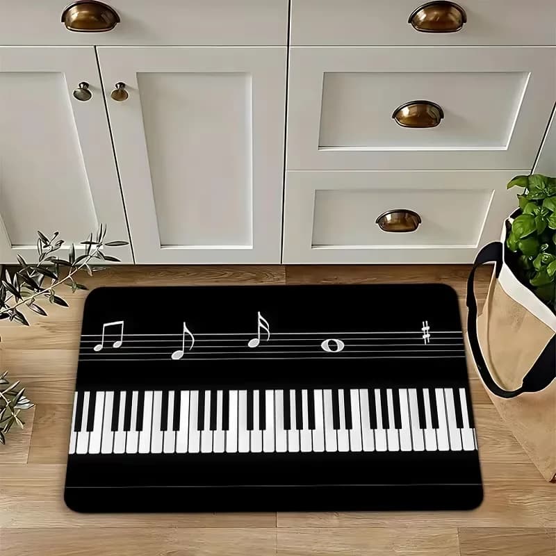 Black and White Piano Keys Kitchen Mat Musical Notes Non Slip Floor Rug Home Entry Doorway Mat Welcome Carpet Room Decor