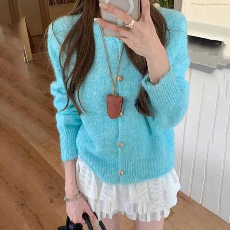 Giacca lavorata a maglia da donna autunno inverno tinta unita sfocata manica lunga maglione con bottoni cardigan casual o-collo maglieria morbida allentata
