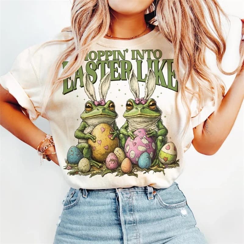 Hoppin Into Easter Rane Uova Grafica Top a maniche corte Casual O-Collo T-shirt da donna in cotone Moda stampata T-shirt femminile alla moda