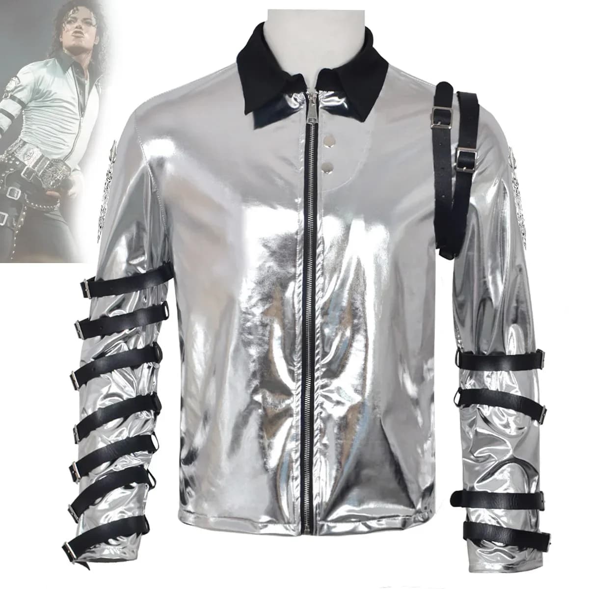 Costume da Michael Jackson, Giacca BAD Tour, Body Argentato, Giacca Esterna per Collezione, Halloween, Performance, in Pelle