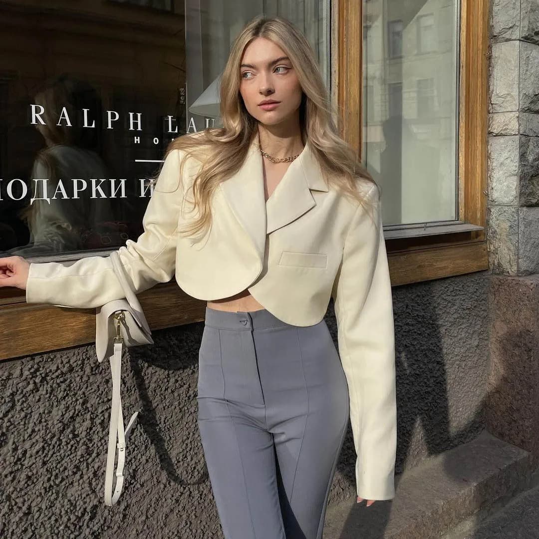 Sexy Short Casual Cardigan Suit Jacket Street Style Pure Color Button up Long Sleeve Straight Cut Polyester Women's Coat