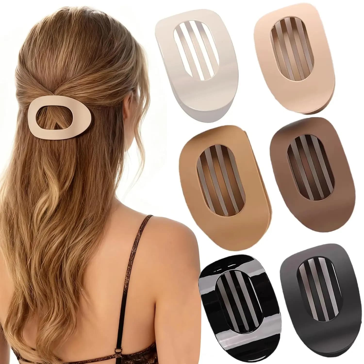 Fermagli ovali piatti per capelli e vestiti (confezione da 6) – Plastica PS resistente, design minimalista, facili da trasportare per viaggi e stile quotidiano