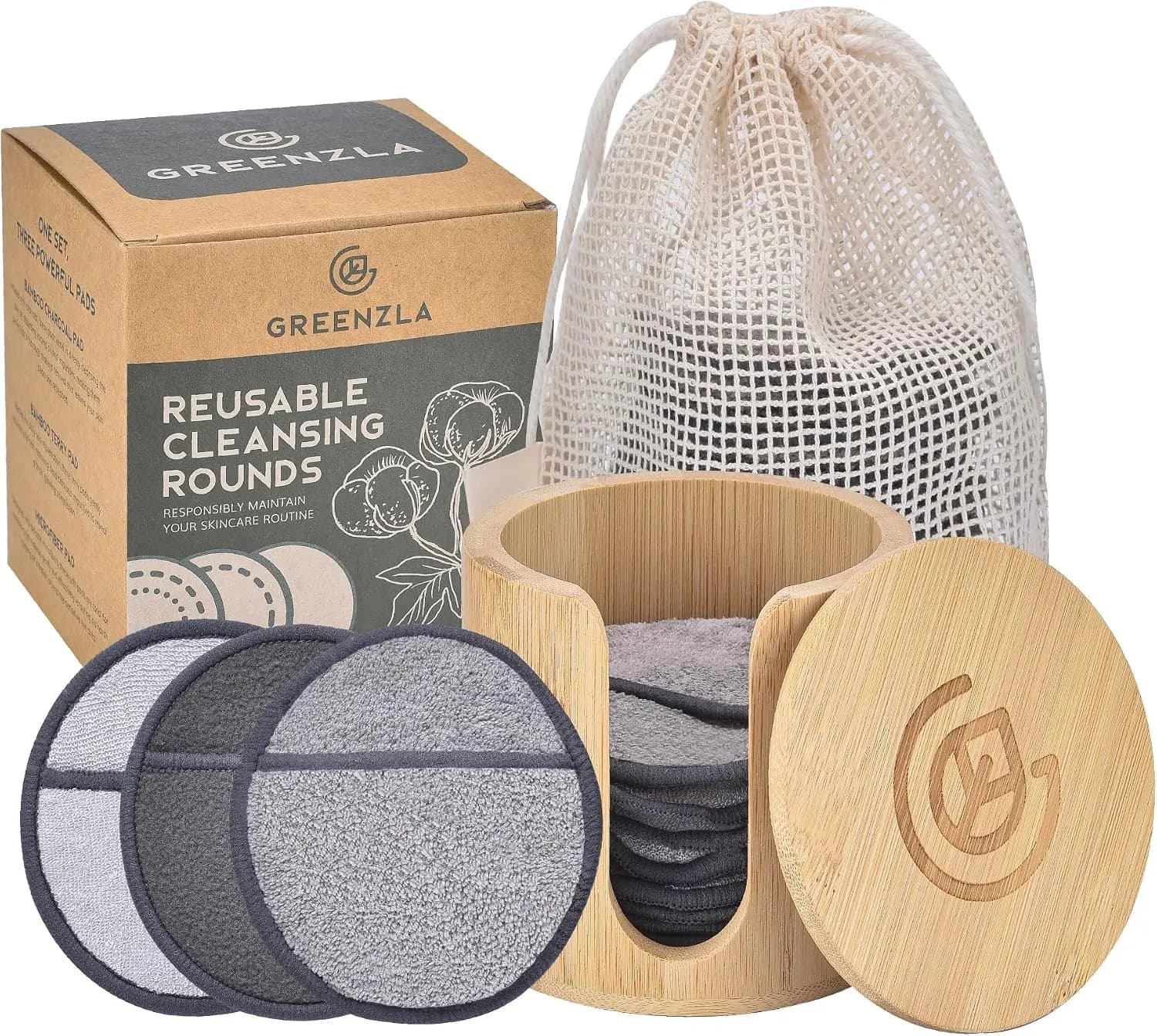 Reusable Makeup Remover Pads Set - 12 Pack Microfiber, Charcoal & Bamboo Terry Face Wipes with Mesh Laundry Bag & Bamboo Storage
