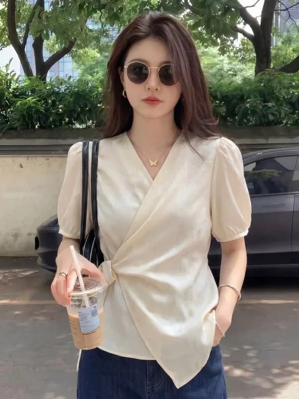 Elegant V-neck Acetate Satin Shirt Women's plus Size Belted Waist Top Korean Style Commute Fashion Loose Fit Short Sleeve