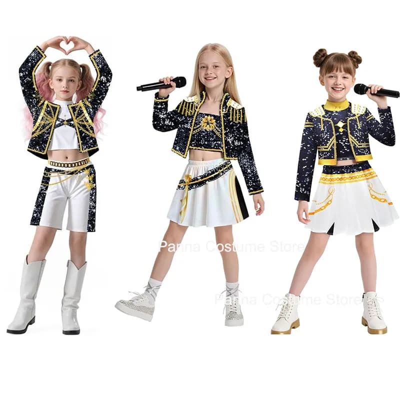 Bambini Ragazze K-pop Rumi Zoey Cosplay Huntrix Costume 3D Stampa Demon Hunters Mira Costumi di scena Bambino Halloween Party Clolthes Set