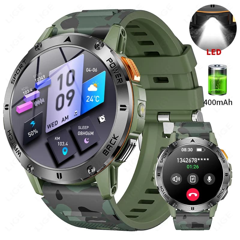LIGE Smartwatch da uomo di livello militare da 400 mAh con torcia a LED, orologio sportivo da esterno, smartwatch per Android IOS