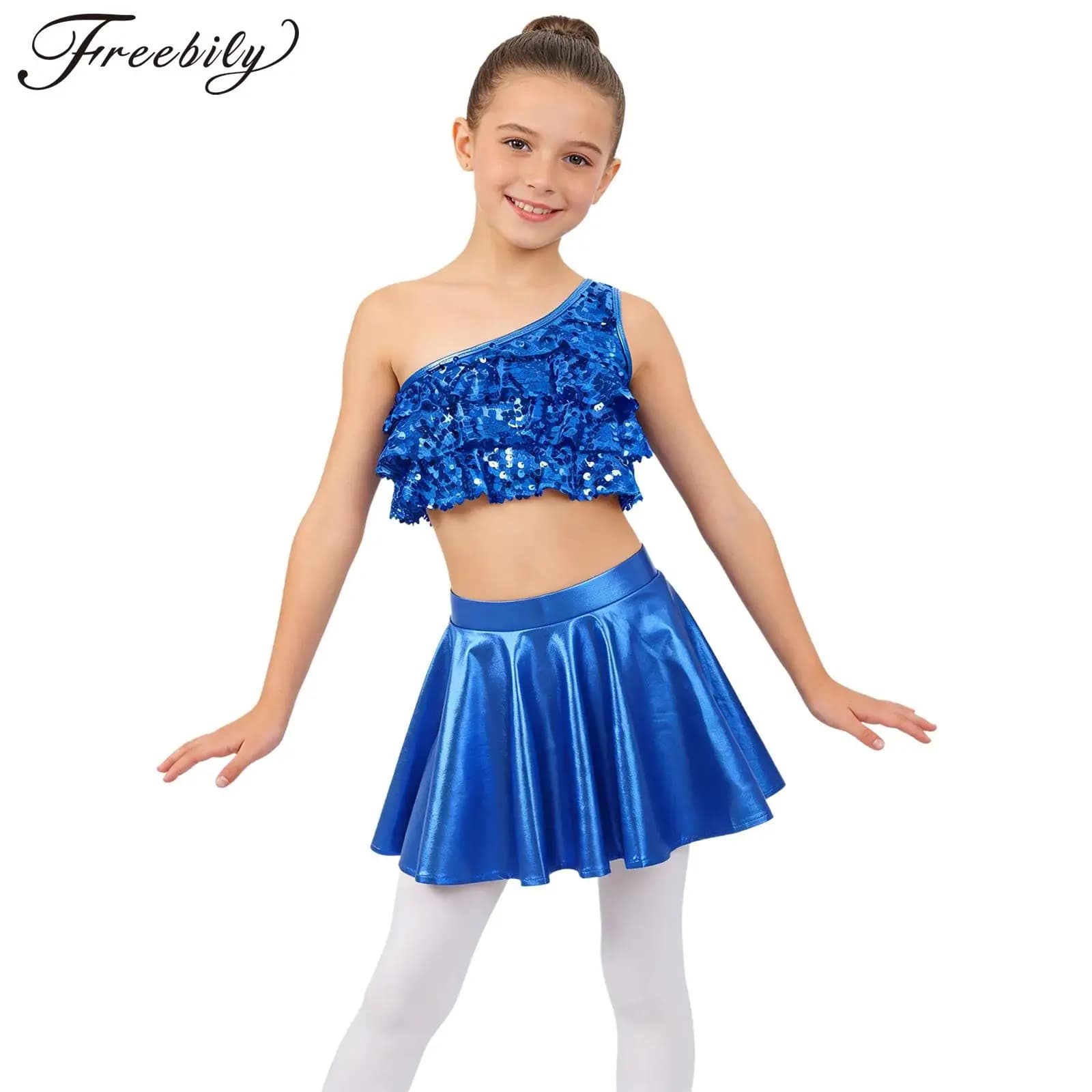 Costume da Ballo Jazz Moderno per Bambine, Top Corto Senza Maniche con Paillettes Lucide e Gonna a Balze per Esibizioni di Cheerleading