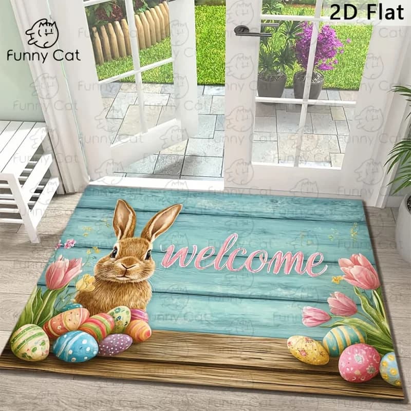 VIKAMA Tappeto d'ingresso di benvenuto pasquale con design coniglietto e uova, per interni ed esterni, per porta d'ingresso, patio, decorazioni primaverili per la casa