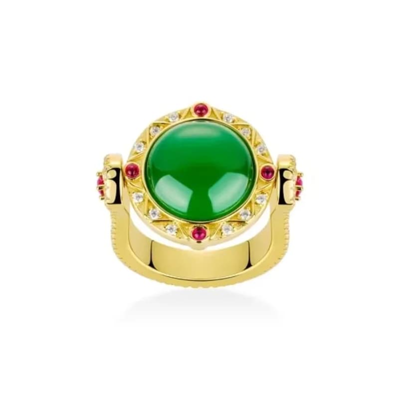 Anello Vintage BELLUX in Argento 925 con Zircone Sintetico, Calcedonio Verde, Incisione Dorata e Rubino