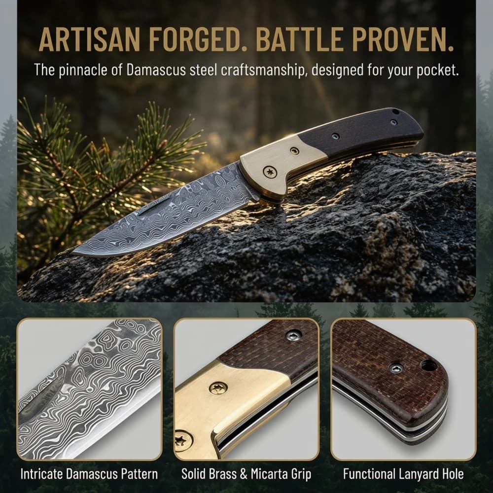 Nuovo Coltello Pieghevole da Escursionismo Best-Seller con Lama in Acciaio Damascato e Manico in Ottone + Micarta, Coltello da Campeggio Outdoor