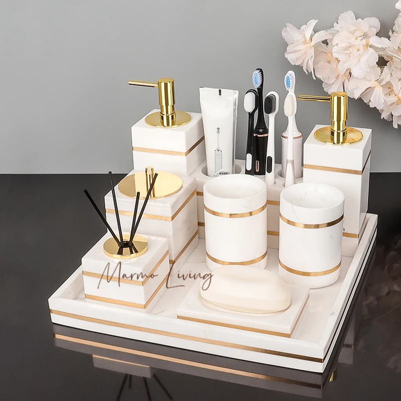 Volakos Accessori da bagno in marmo naturale bianco Portasapone di lusso dorato Dispenser di sapone Portaspazzolino Vassoio Set da bagno
