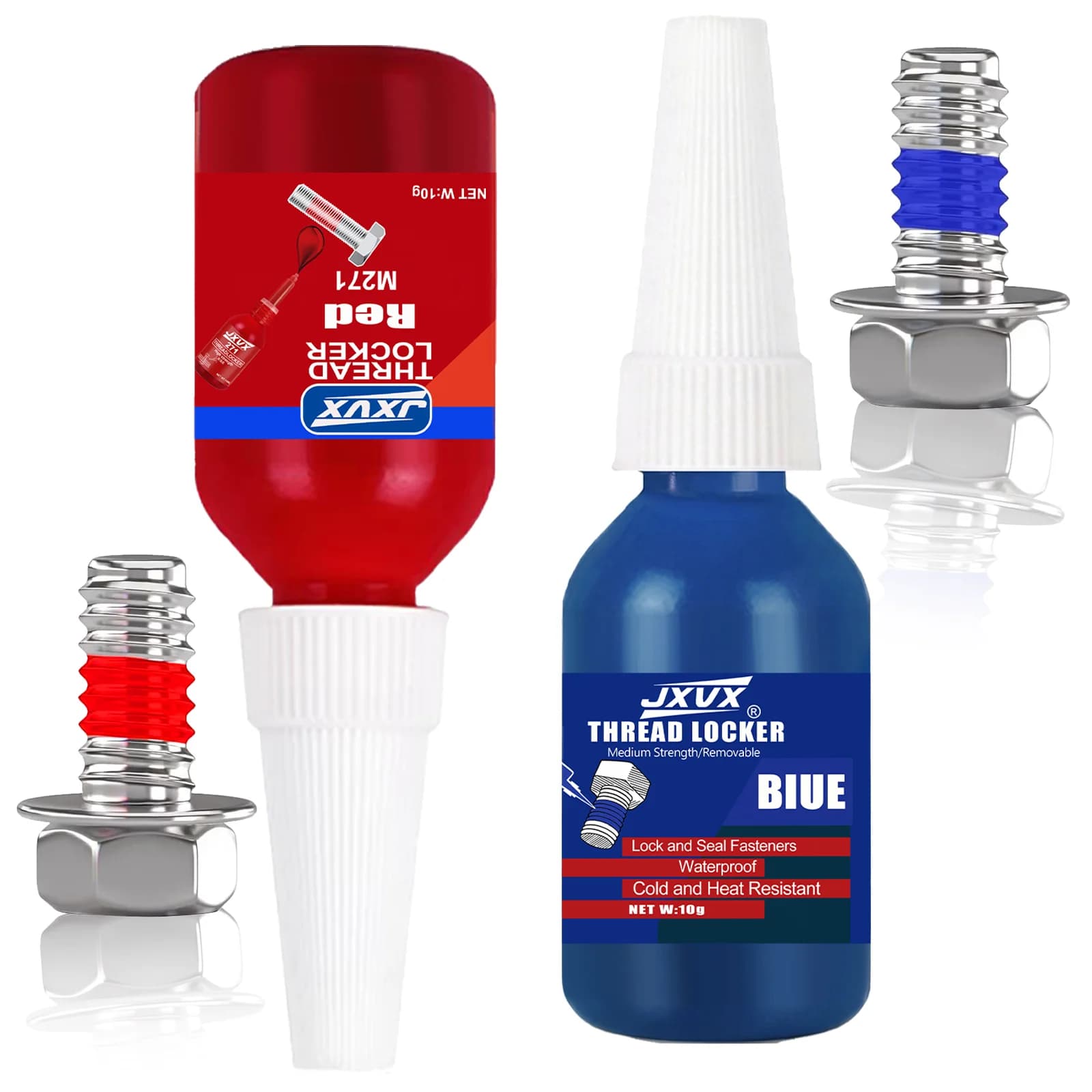 10-Pack of Anaerobic Sealing Adhesive, Removable Anti-Slip Threadlocker - Blue 243 (Medium Strength), Red 271 (High Strength)