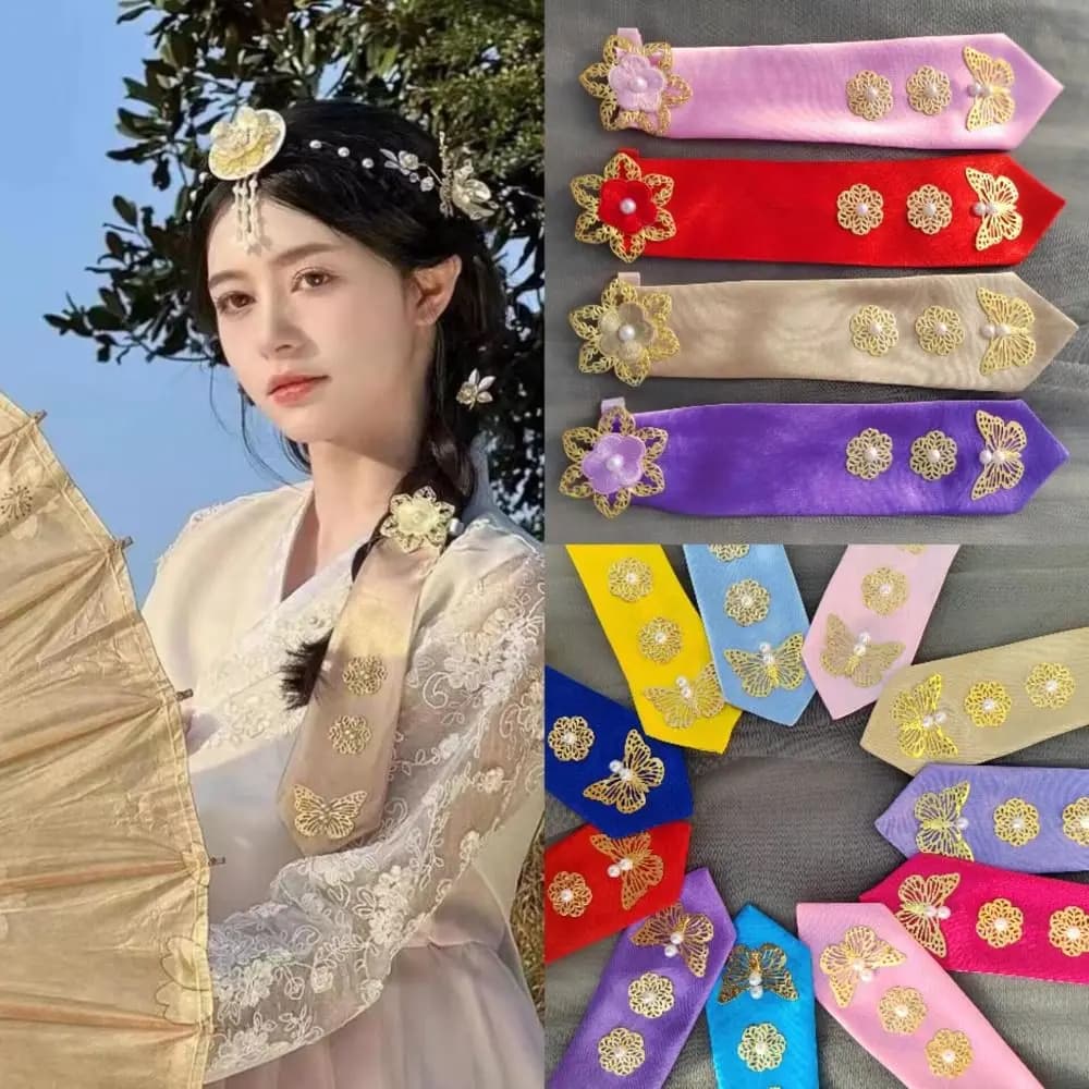 Classical Flower Korean Headband Ribbon Traditional Korean Hanbok Hairband Hair Clip Headdress Stage Dance Costume Ladies