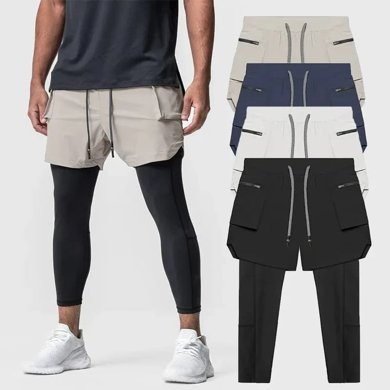 Men's Ankle Pants Fake Two Pieces Fitness Sport Running Cycling Leisure Elastic Pants Fast Drying Men's Strong