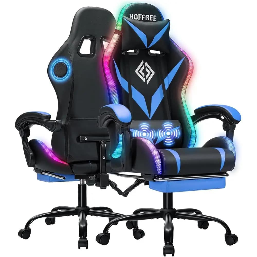 Ergonomic Bluetooth Gaming Chair with LED Lights, Lumbar Support, and Footrest - Blue & Black