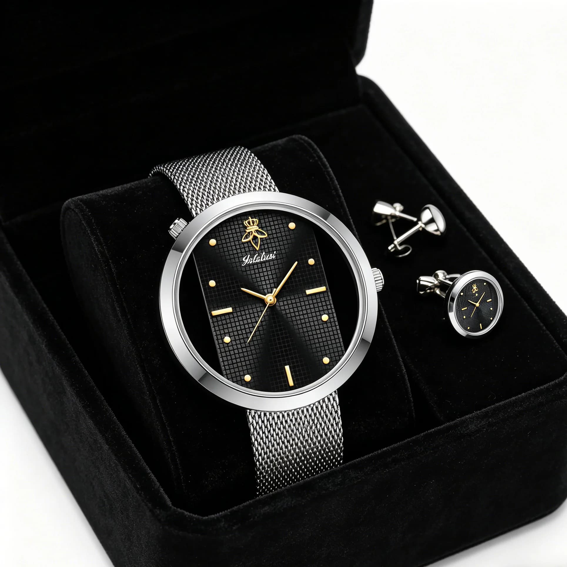 Orologio da uomo e da donna alla moda YaLaLuSi, orologio da polso sportivo al quarzo impermeabile con quadrante a griglia nera e cinturino in rete argentata, spedizione gratuita