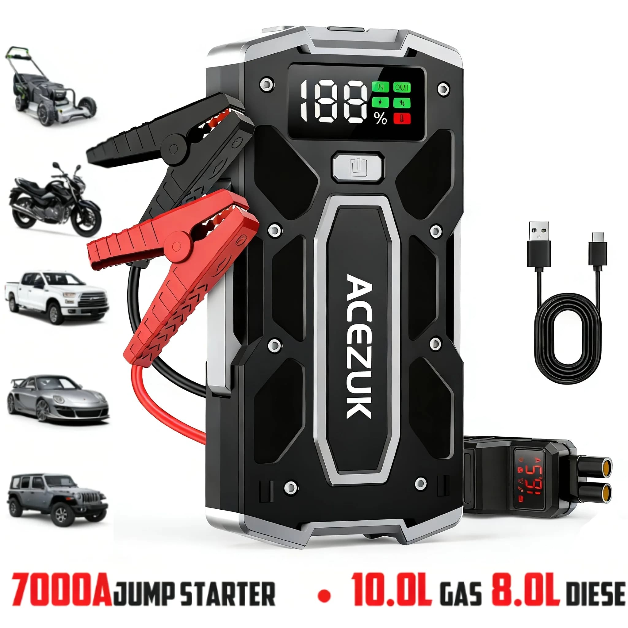 Avviatore di Emergenza per Auto 7000A (2,64 gal Benzina/2,11 gal Diesel), Batteria Portatile per Avviamento Auto con Funzione Smart Estesa