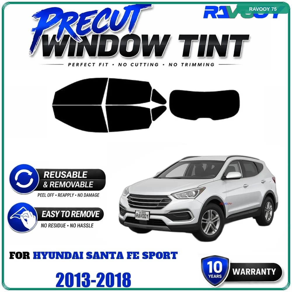RAVOOY Precut Window Tint, Reusable Removable EPU Film, Custom Fit for Hyundai Santa Fe Sport 2013-2018, UV Heat Protection