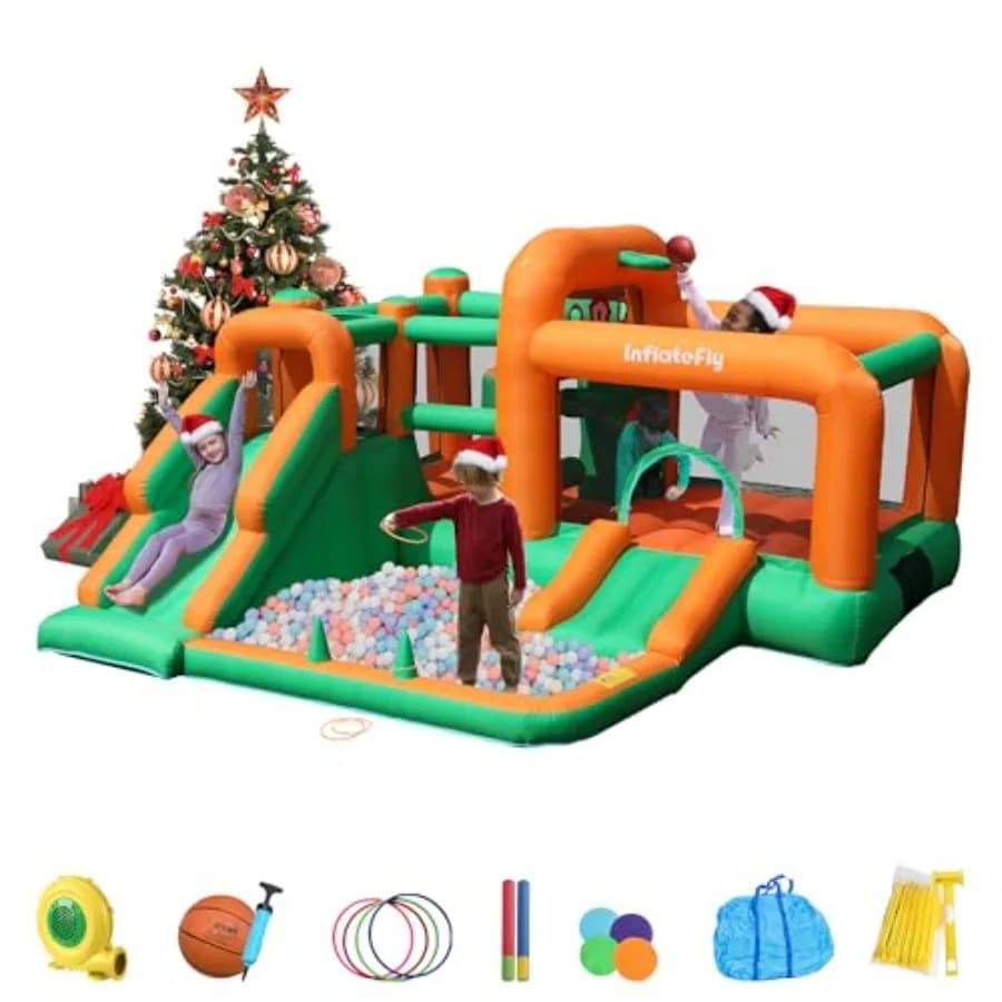 Inflatable House with Double Slide, Ostacoli Wall, Ball Pool, Basketball Basket and Children's Boxing Bag, For Outer