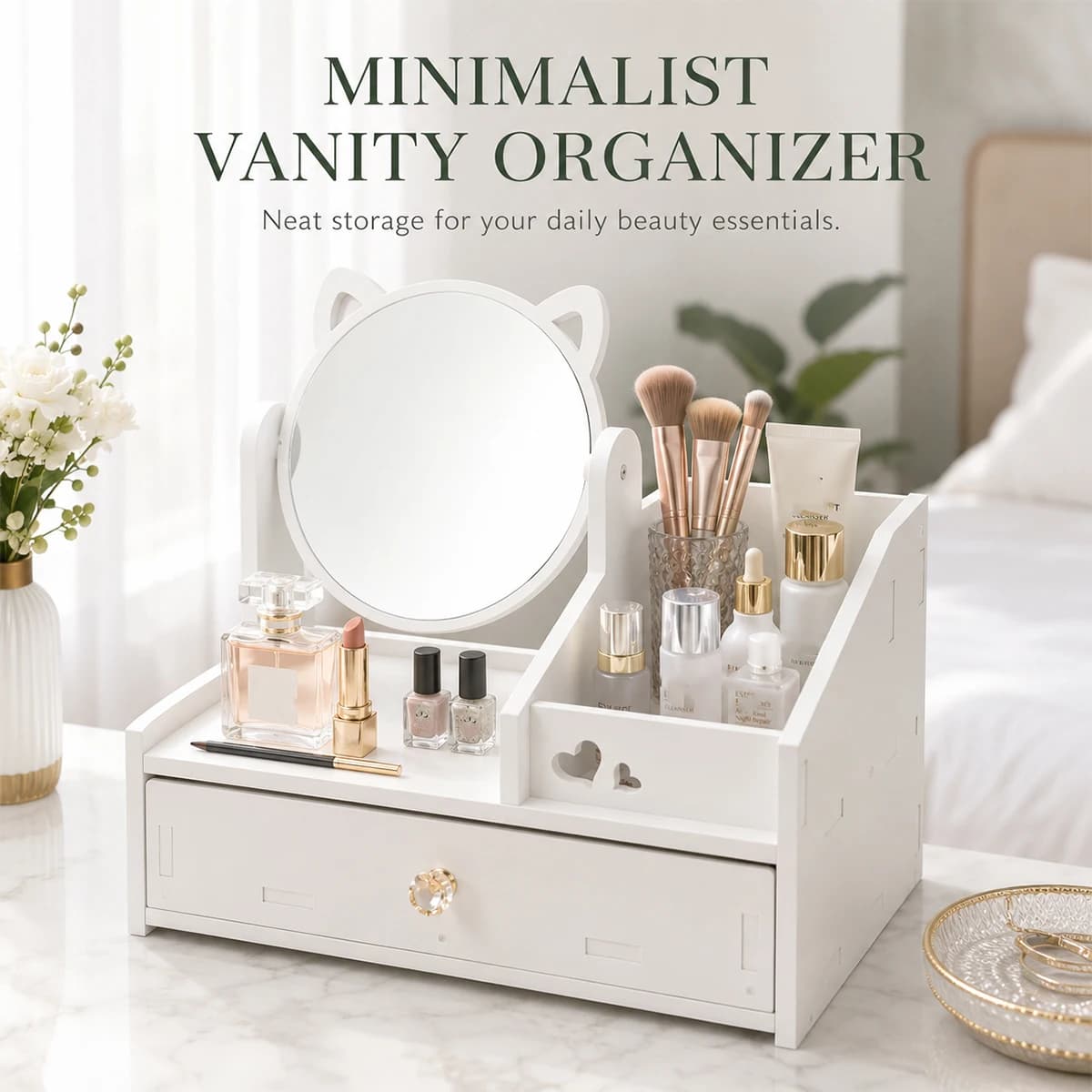 White Cat Shape Makeup Storage Organizer with Swivel Mirror & Drawer, Desktop Cosmetic Holder for Lipsticks Brushes Skincare