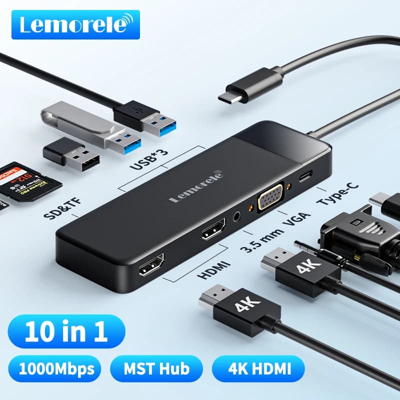 Lemorele USB-C Hub Docking station da 10 porte USB tipo C a doppio HDMI 4K 30Hz VGA USB 3.0 Adattatore Lettore di schede SD PD100W per MacBook