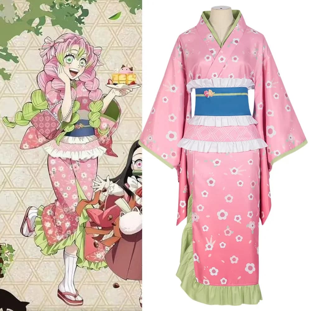 Kanroji Mitsuri Cosplay Costume Love Hashira Pink Floral Kimono Full Set With Wig Comic Con,Carnival,Halloween,Role Playing set