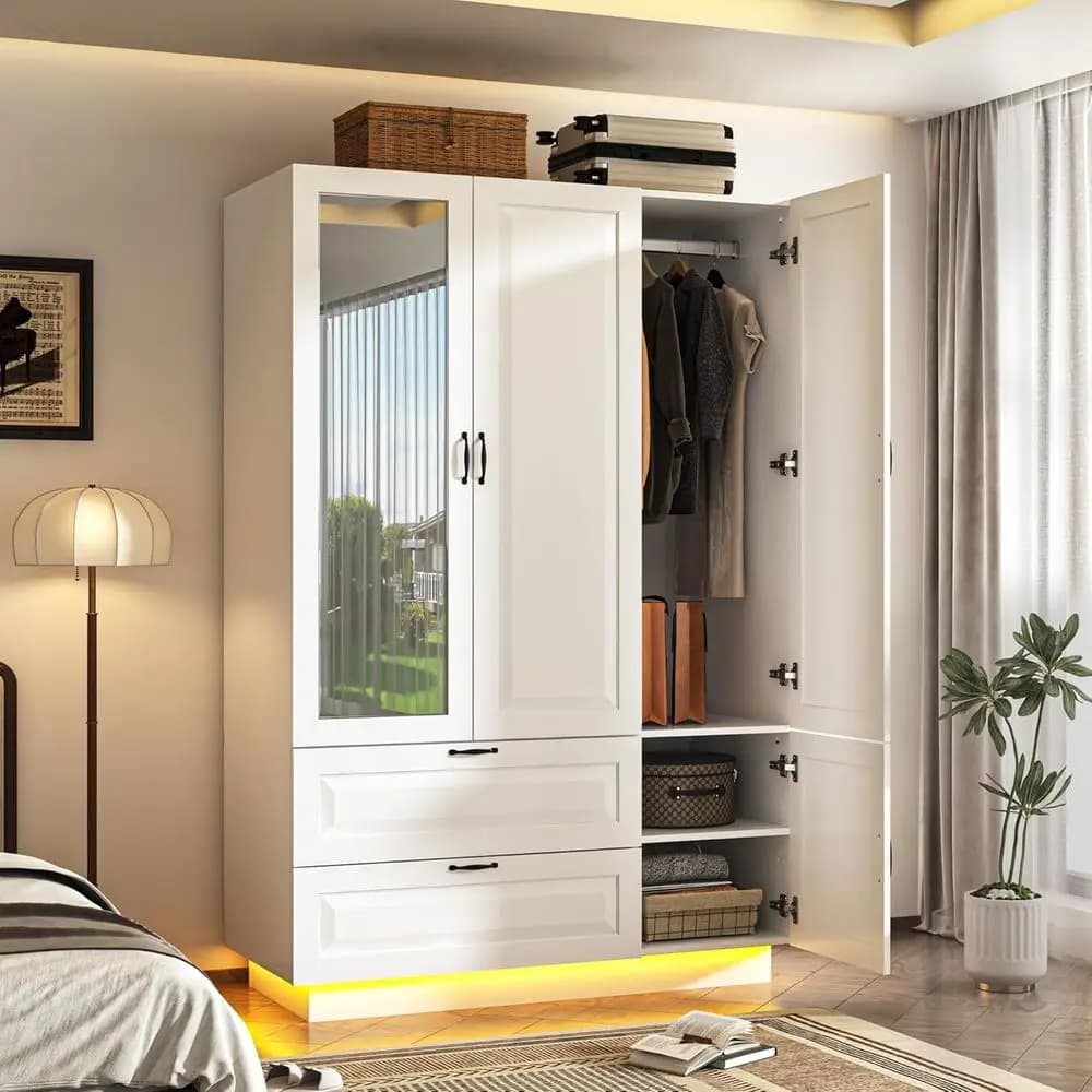 Armadio in Legno Bianco Alto 70,3 cm con Specchio e Luci LED