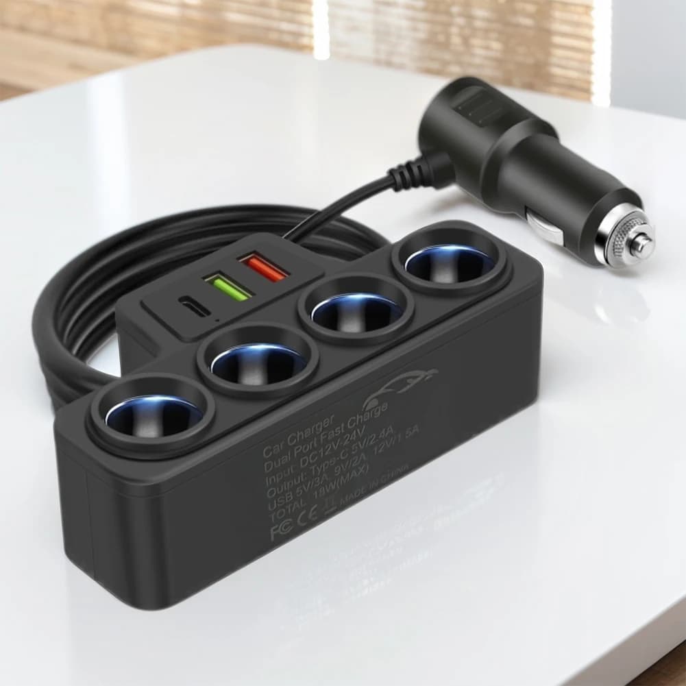 Car USB Charger QC3.0+PD 3.1A 3 USB Ports 3 USB Socket 4-Socket 18W Fast Charger Plug Car Cigarette Lighter Socket Splitter Plug