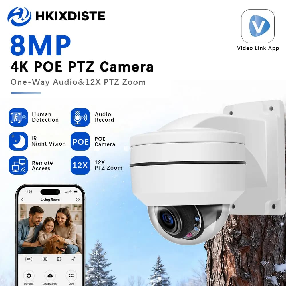 8MP 4K POE PTZ 12X Zoom Security Metal Dome IPC Camera Motion Detection Audio Record Outdoor CCTV Surveillance For Yard Garage