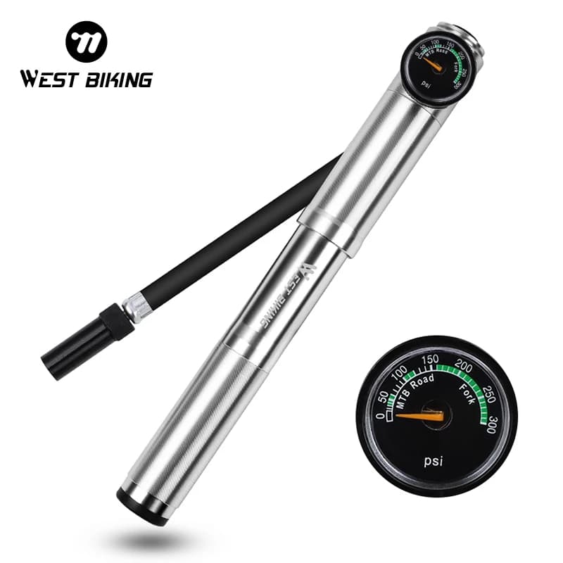WEST BIKING Road Bike Pump 300 PSI ciclismo Mini pompa gonfiatore per pneumatici con manometro per tubo dell'aria pompa a forcella MTB in lega di alluminio