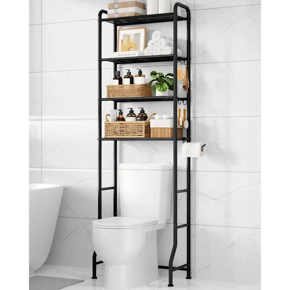 Scaffale in Metallo Sopra il WC con Portarotolo e Ganci, 4 Ripiani (188,5 cm di Altezza)