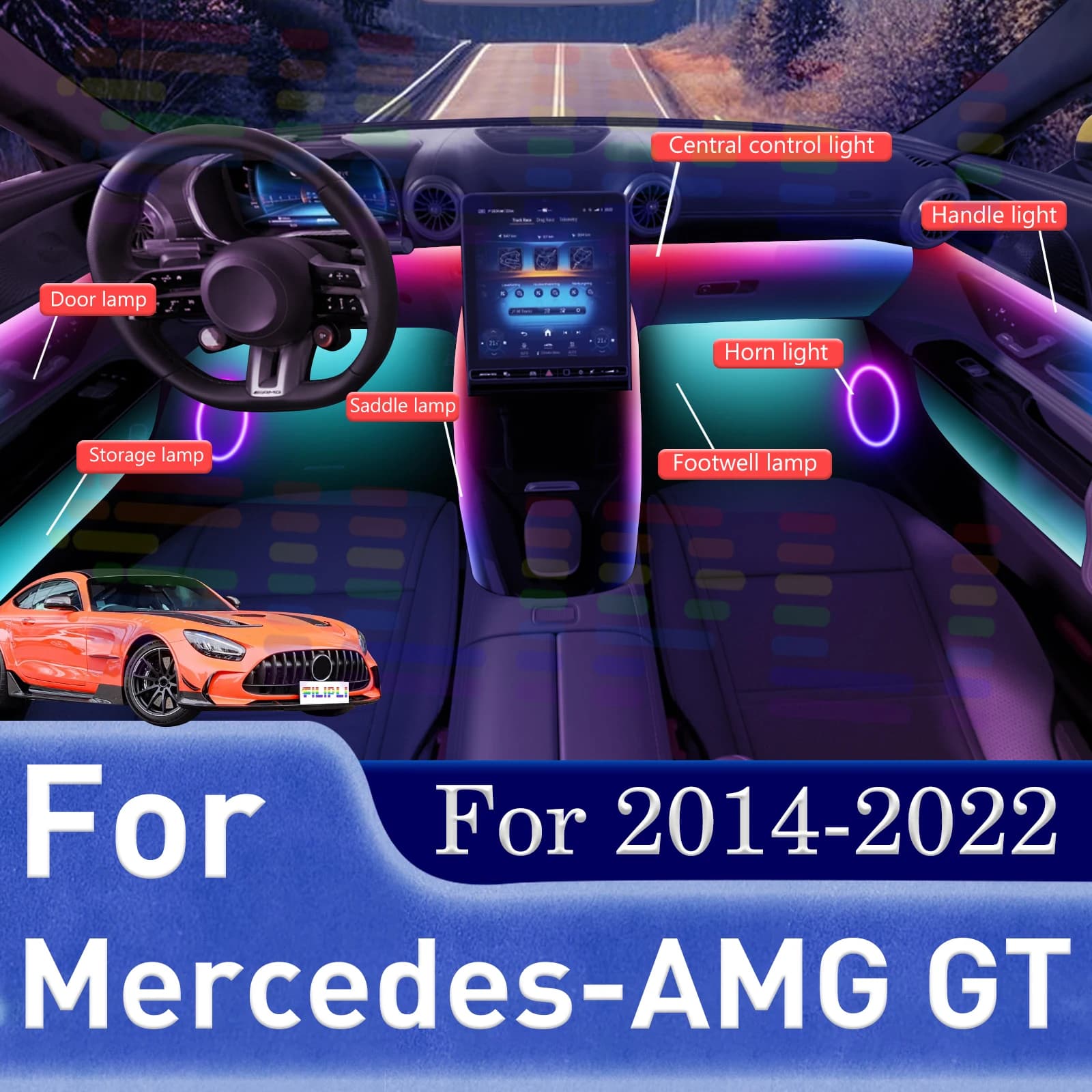 18 In1 for Mercedes-AMG GT C190 R190 Car LED Ambient Lamps Colorful Atmosphere Lights Auto Interior Neon Strip 64 RGB Lighting