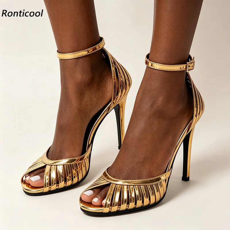 Ronticool New Women Summer Sandals Patent Leather Stiletto Heel Peep Toe Pretty Gold Silver Party Shoes Ladies US Size 5-20