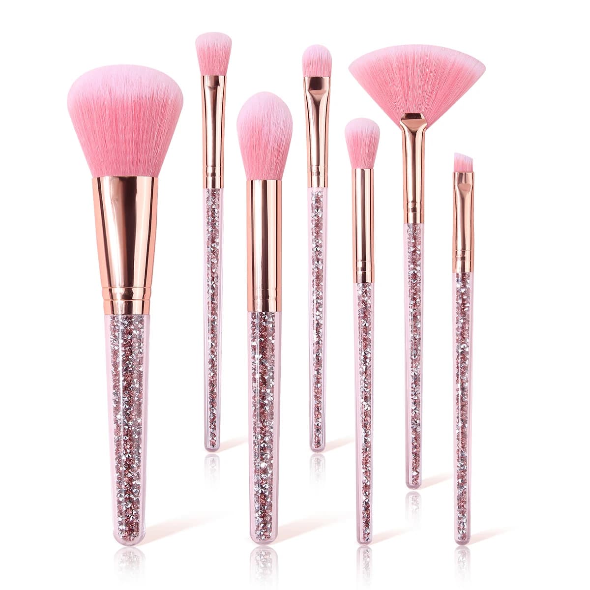 Set di pennelli per trucco in cristallo rosa da 7 pezzi con manico in oro rosa per fondotinta, ombretto e fard
