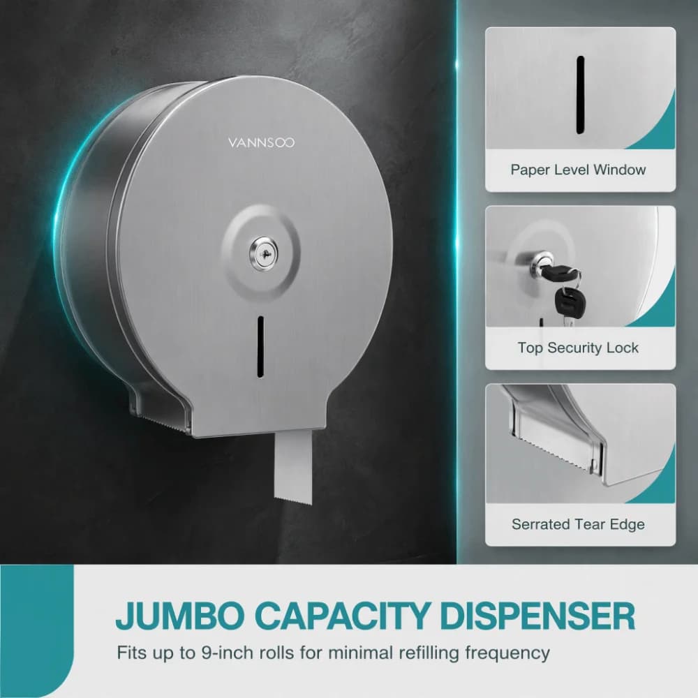 Stainless Steel Toilet Paper Dispenser Brushed Finish 9 Inch Roll Bath Tissue Dispenser Industrial Grade Lockable With Key