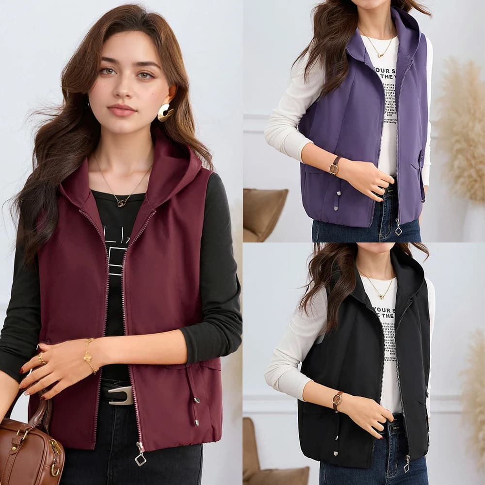 Gilet con Cappuccio Monocolore Primaverile Senza Maniche per Donna, Comodo e Casual per Uso Quotidiano, Giacca Larga per Sport all'Aperto