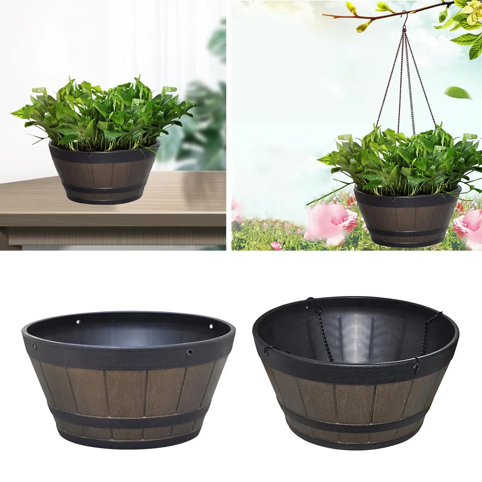 Barrel Planter Pot Large - 12" Resin Barrel Plastic Resin - Outdoor/Indoor Flower Pot - Fade Resistant Finish
