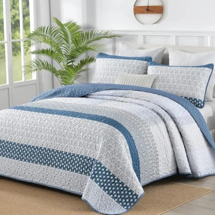 Set Copriletto Boho a Righe, 3 Pezzi, Trapuntato, Leggero in Microfibra, per Tutte le Stagioni