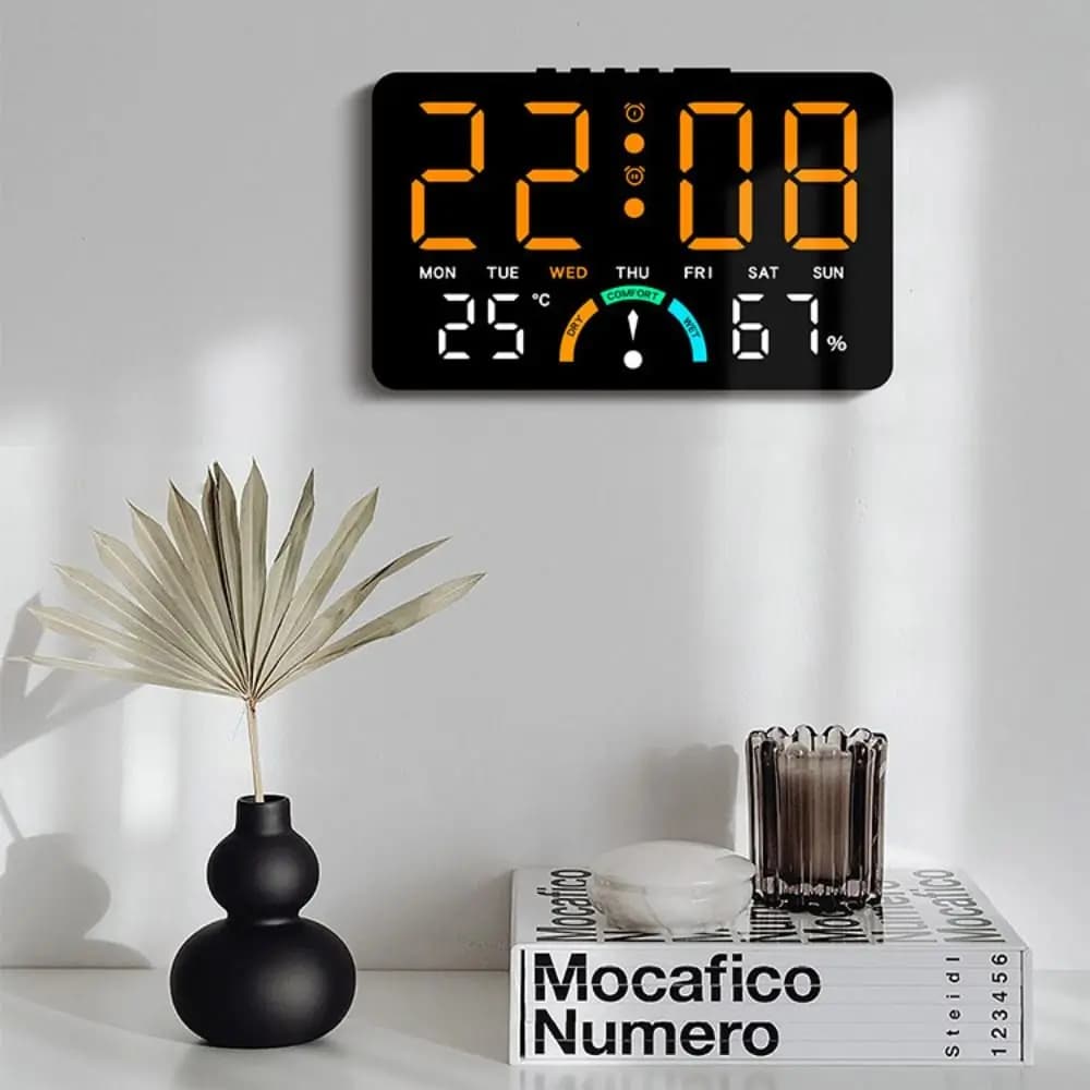 Electronic Wall Clock Multifunction with Temperature, Digital LED Display DST 12/24H, Bedroom Table Clock