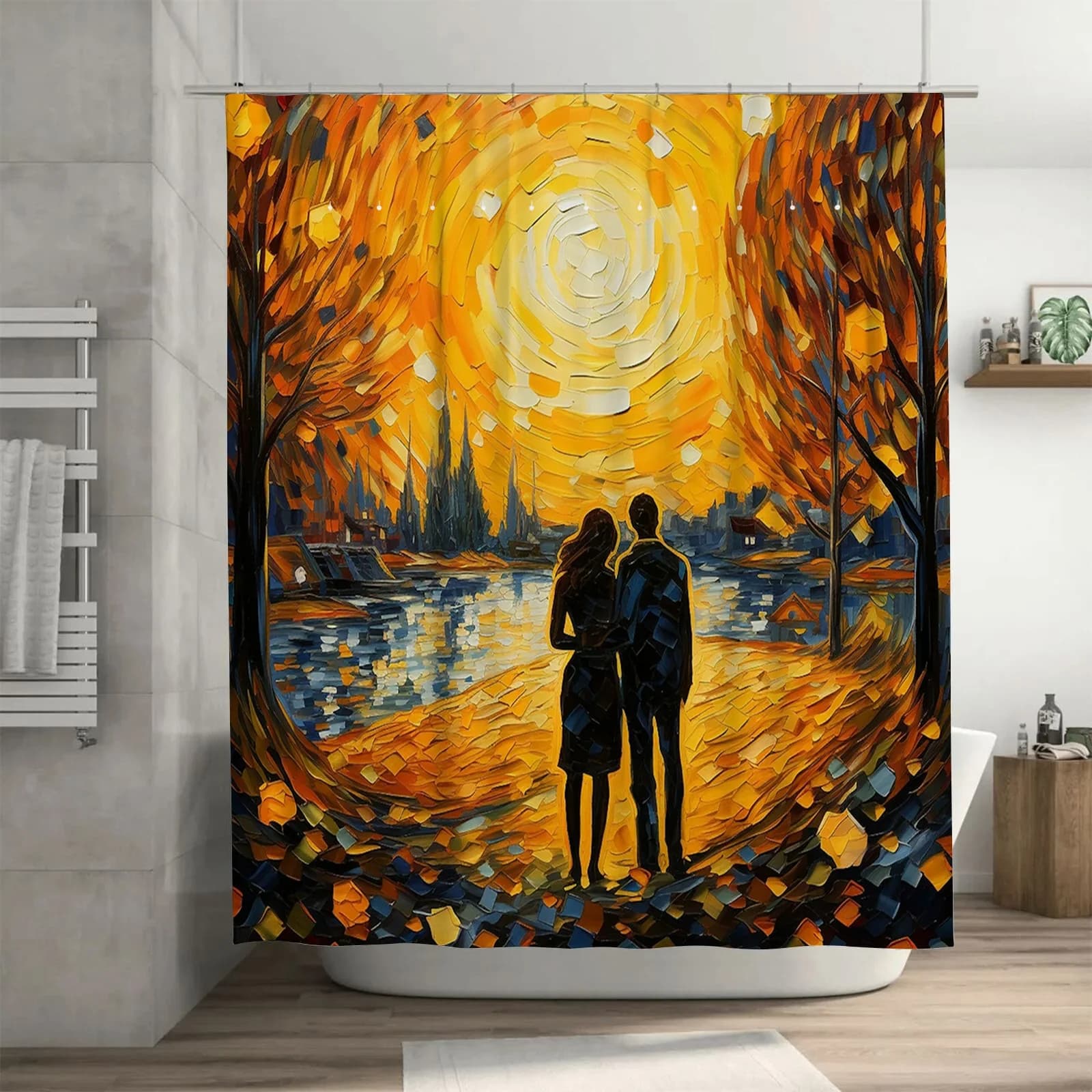Coppia romantica che guarda il tramonto Tenda da doccia impermeabile, design artistico per la decorazione del bagno, aggiungi calore ed eleganza