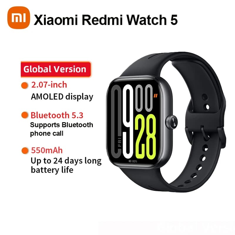 Xiaomi Redmi Watch 5 Display AMOLED da 2,07 pollici Durata della batteria di 24 giorni Orologio 5 sistemi GNSS Chiamate telefoniche Bluetooth Mi Smart Watch
