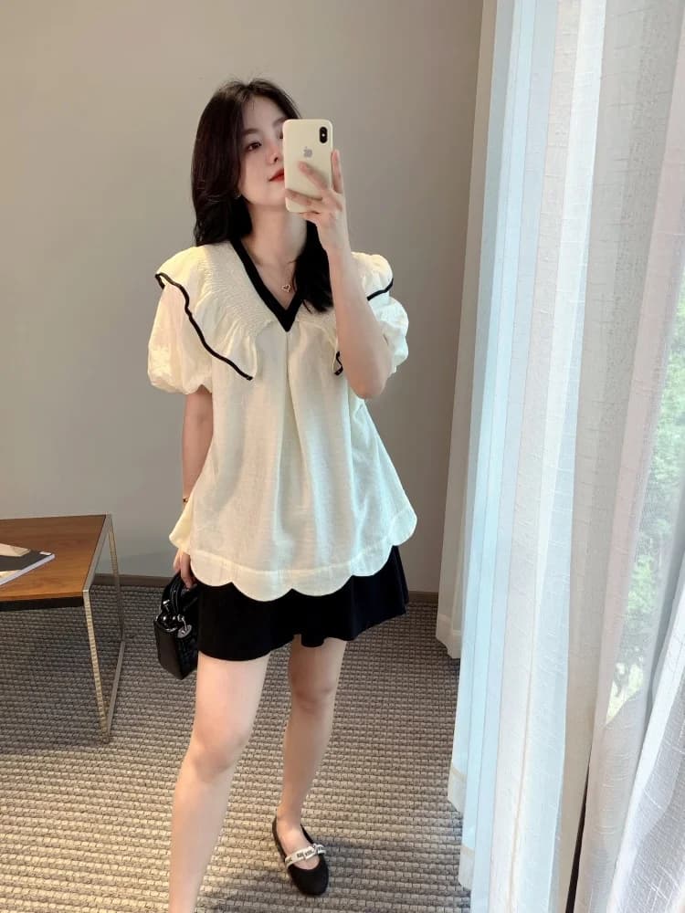 Adorabile camicia a maniche corte in stile principessa, design da donna, camicia unica a forma di bambola, diversa da altre, casual, con maniche a palloncino.