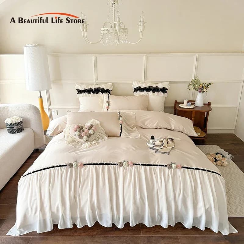 Rose Flowers Lace Ruffles Luxury Princess Wedding Bedding Set 1000TC cotone egiziano trapunta/copripiumino Set lenzuola federe