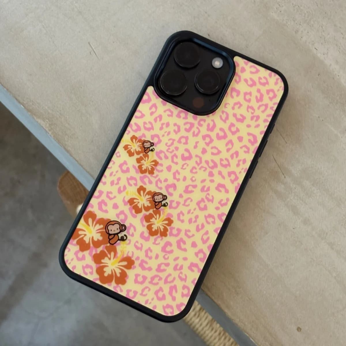 Korean Ins Hibiscus Pink Leopard Print Monkey Phone Case For iPhone 17AIR 17 16 15 14 13 12 11 Pro Max 7 8 Plus Mini Y2K Cover