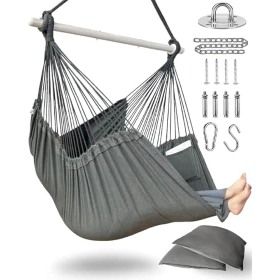 XXL Hammock Chair Hanging Rope Swing with 2 Cushions - Max 500lbs - Outdoor Indoor Patio Porch Bedroom Backyard - Includes Hang